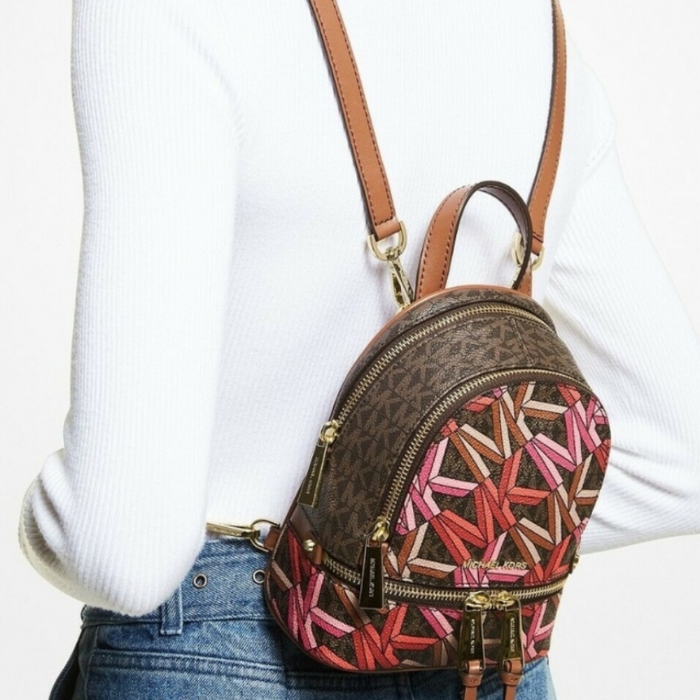 Michael Kors Rhea Zip Logo Coated Canvas Mini Backpack-Multicolor- NWT